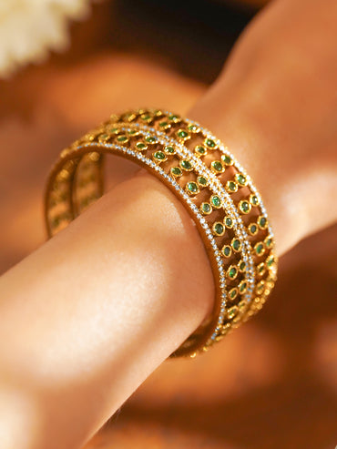 Set of 2 22K Gold-Plated Emerald Green & White Cubic Zirconia Designer Bangles