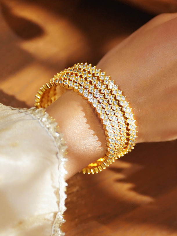 American Diamond Zirconia Studded Golden Bangles Set Of 4