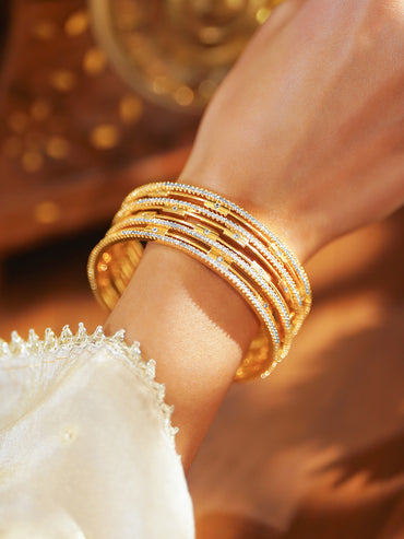 American Diamond Zirconia Studded Gold Bangles Set Of 4