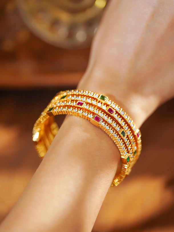 Rubans Set of 4 22K Gold-Plated Brass Ruby Red, Green & White Cubic Zirconia Bangles