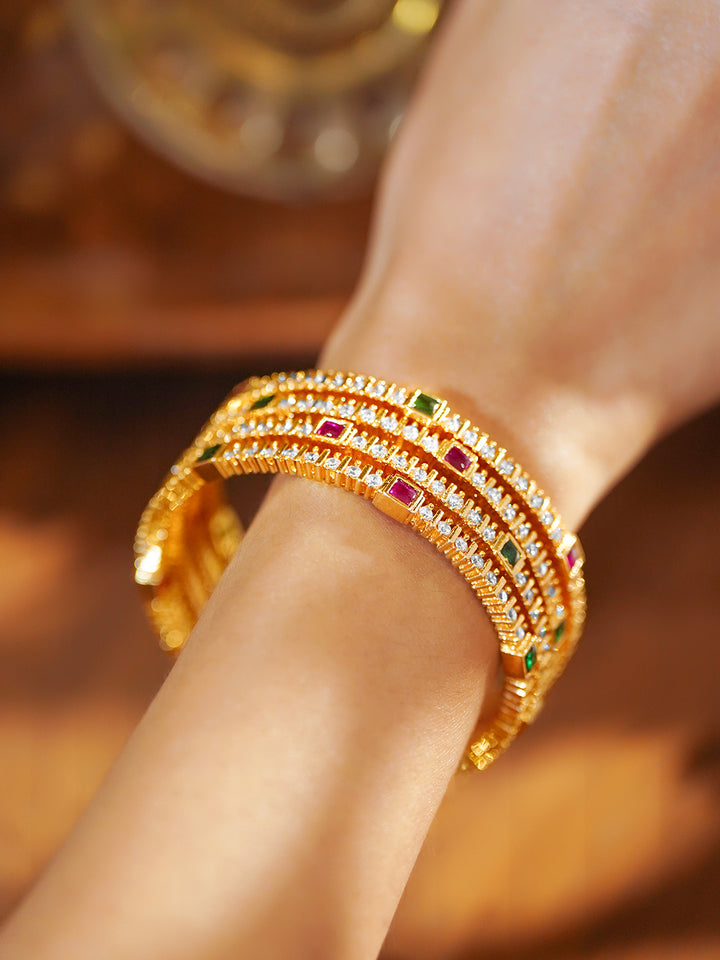 Rubans Set of 4 22K Gold-Plated Brass Ruby Red, Green & White Cubic Zirconia Bangles