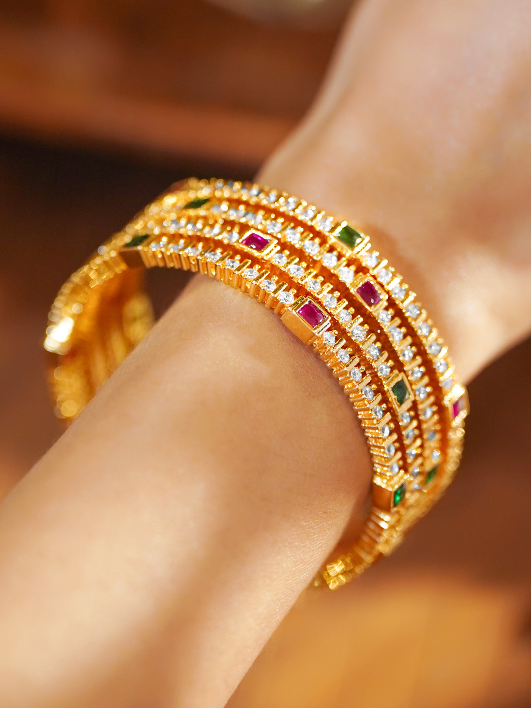 Rubans Set of 4 22K Gold-Plated Brass Ruby Red, Green & White Cubic Zirconia Bangles