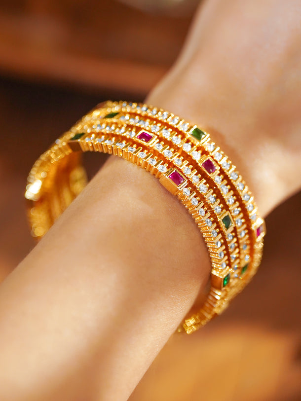 Rubans Set of 4 22K Gold-Plated Brass Ruby Red, Green & White Cubic Zirconia Bangles