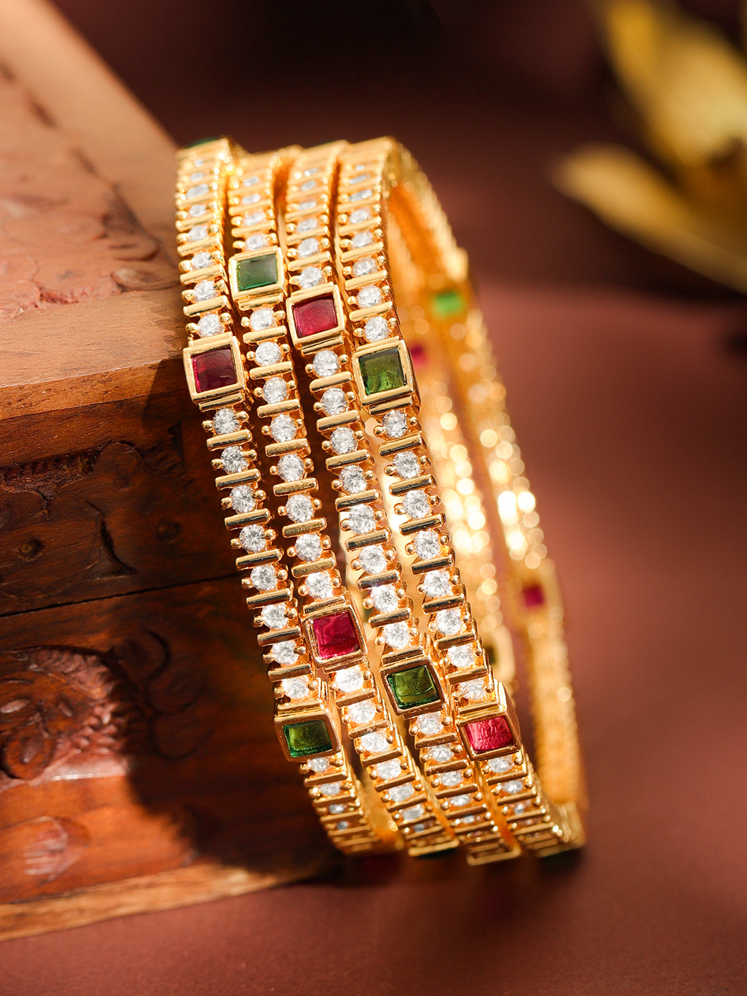Rubans Set of 4 22K Gold-Plated Brass Ruby Red, Green & White Cubic Zirconia Bangles