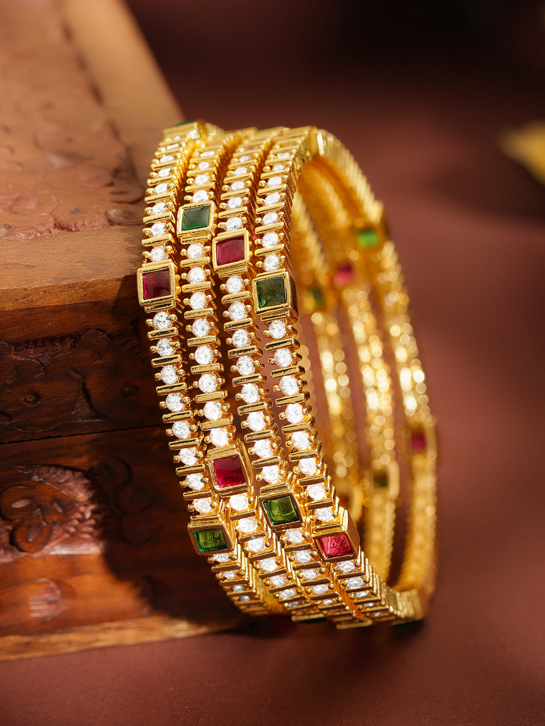 Rubans Set of 4 22K Gold-Plated Brass Ruby Red, Green & White Cubic Zirconia Bangles