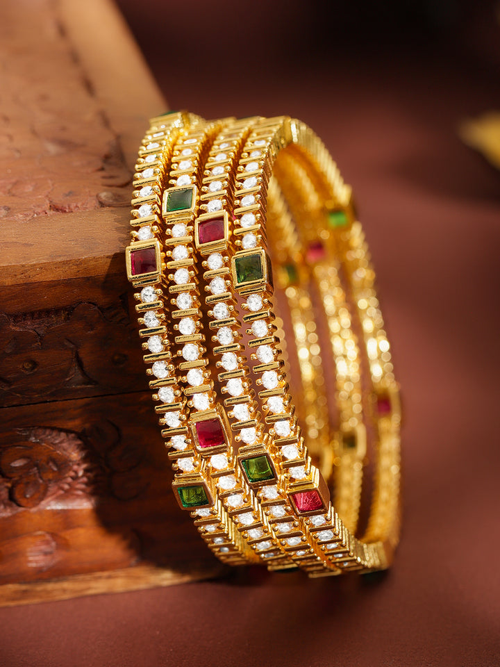 Rubans Set of 4 22K Gold-Plated Brass Ruby Red, Green & White Cubic Zirconia Bangles