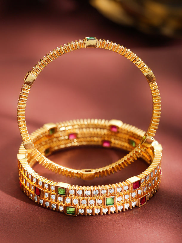 Rubans Set of 4 22K Gold-Plated Brass Ruby Red, Green & White Cubic Zirconia Bangles