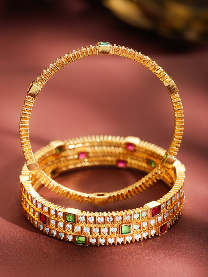 Rubans Set of 4 22K Gold-Plated Brass Ruby Red, Green & White Cubic Zirconia Bangles