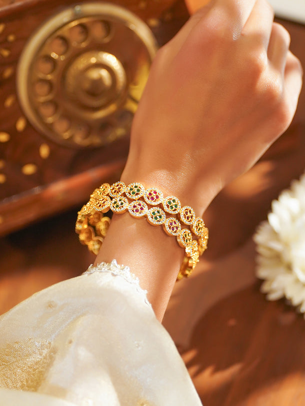 Rubans Set of 2 22K Gold-Plated Ruby Red & Emerald Green Cubic Zirconia Floral Bangles