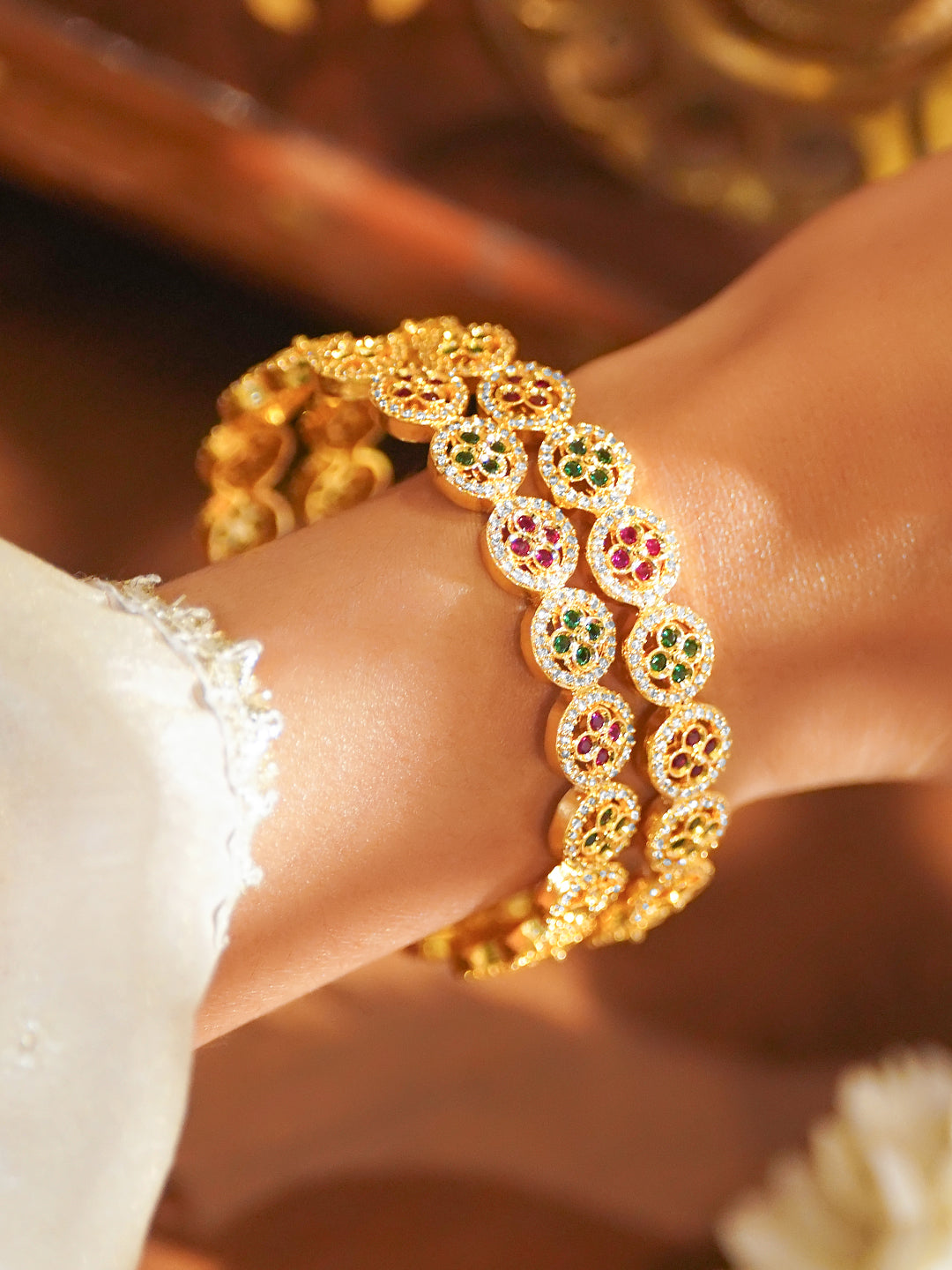 Rubans Set of 2 22K Gold-Plated Ruby Red & Emerald Green Cubic Zirconia Floral Bangles