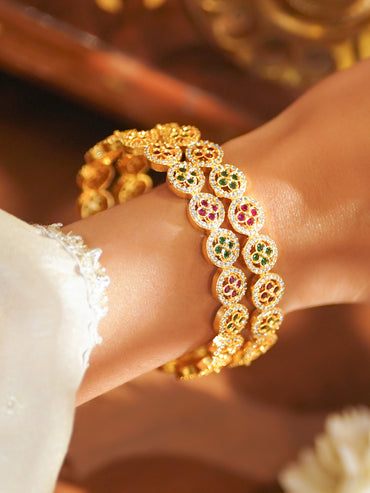 Rubans Set of 2 22K Gold-Plated Ruby Red & Emerald Green Cubic Zirconia Floral Bangles