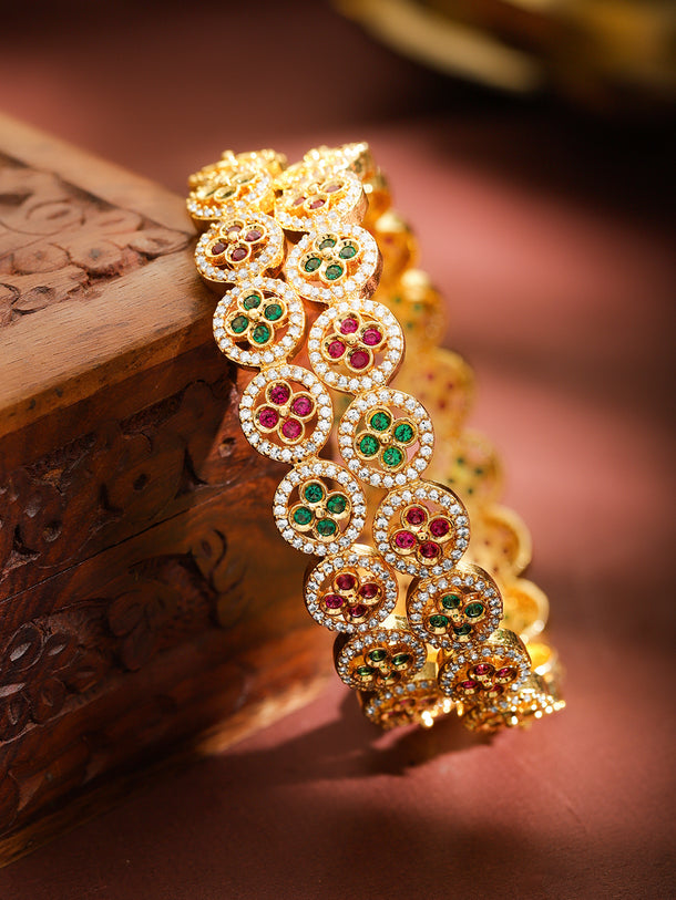 Rubans Set of 2 22K Gold-Plated Ruby Red & Emerald Green Cubic Zirconia Floral Bangles