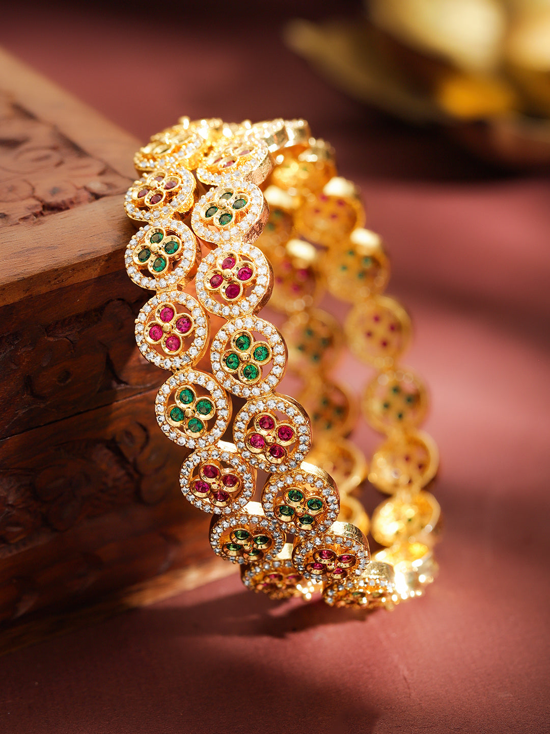 Rubans Set of 2 22K Gold-Plated Ruby Red & Emerald Green Cubic Zirconia Floral Bangles