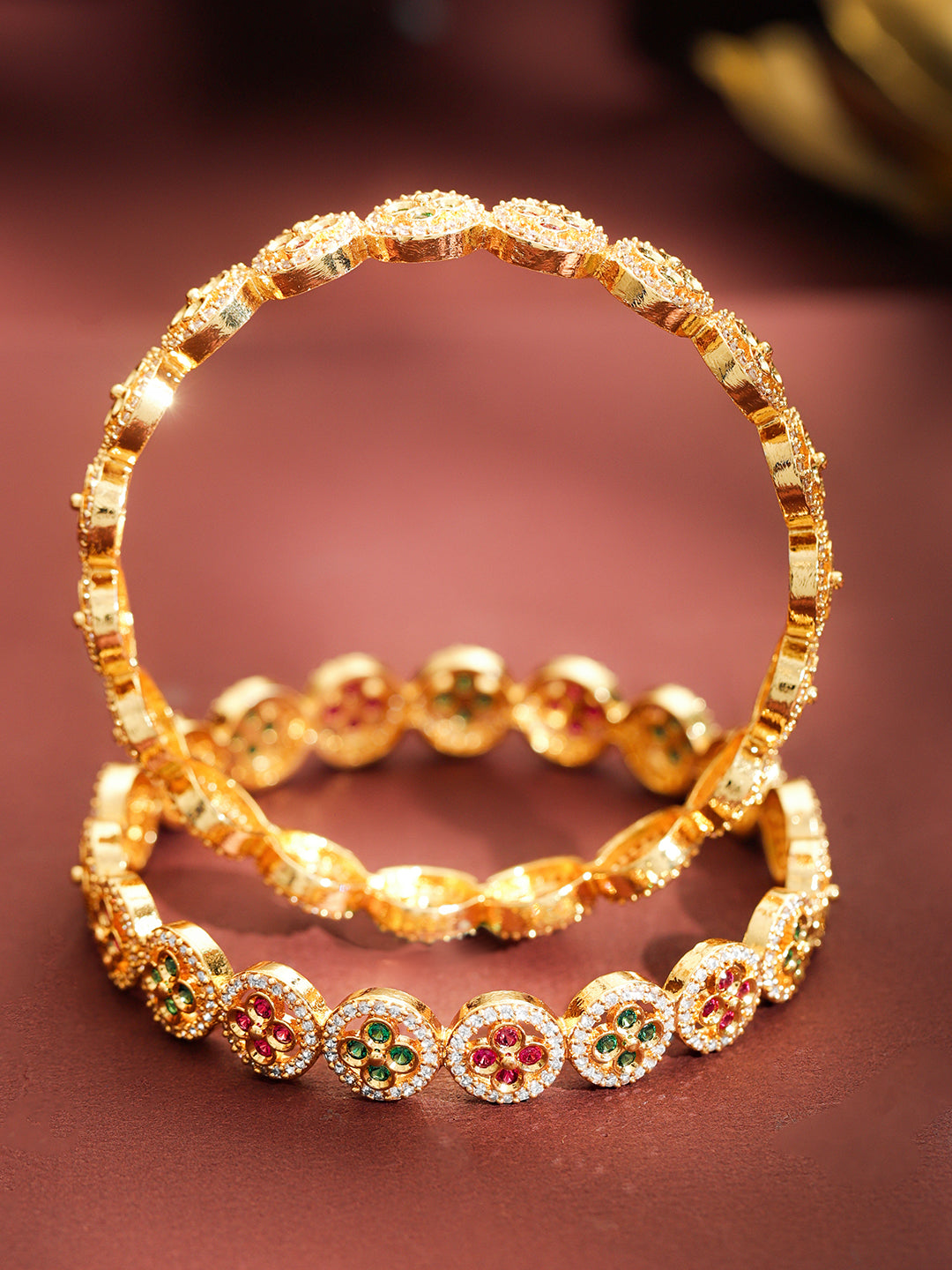 Rubans Set of 2 22K Gold-Plated Ruby Red & Emerald Green Cubic Zirconia Floral Bangles