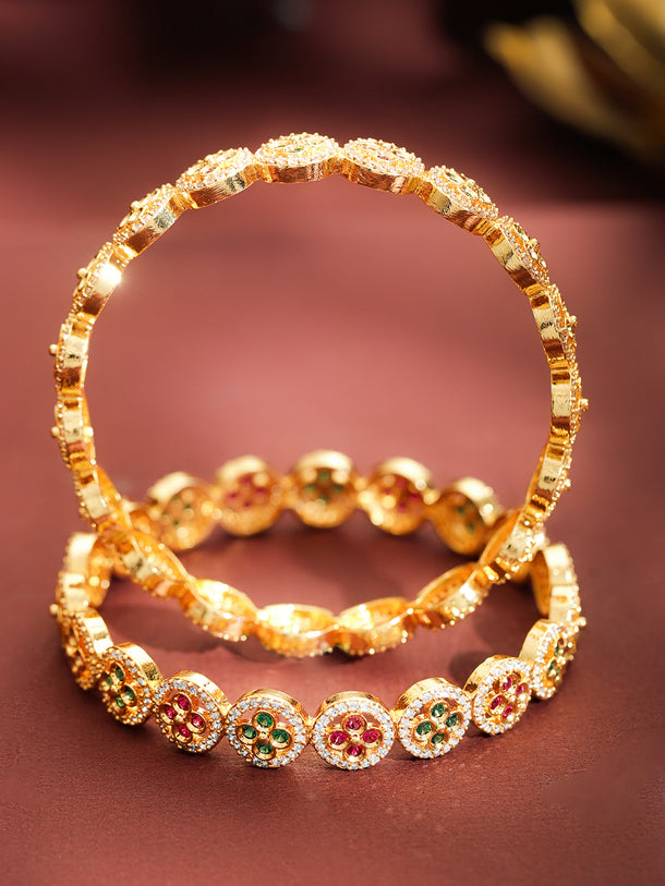 Rubans Set of 2 22K Gold-Plated Ruby Red & Emerald Green Cubic Zirconia Floral Bangles