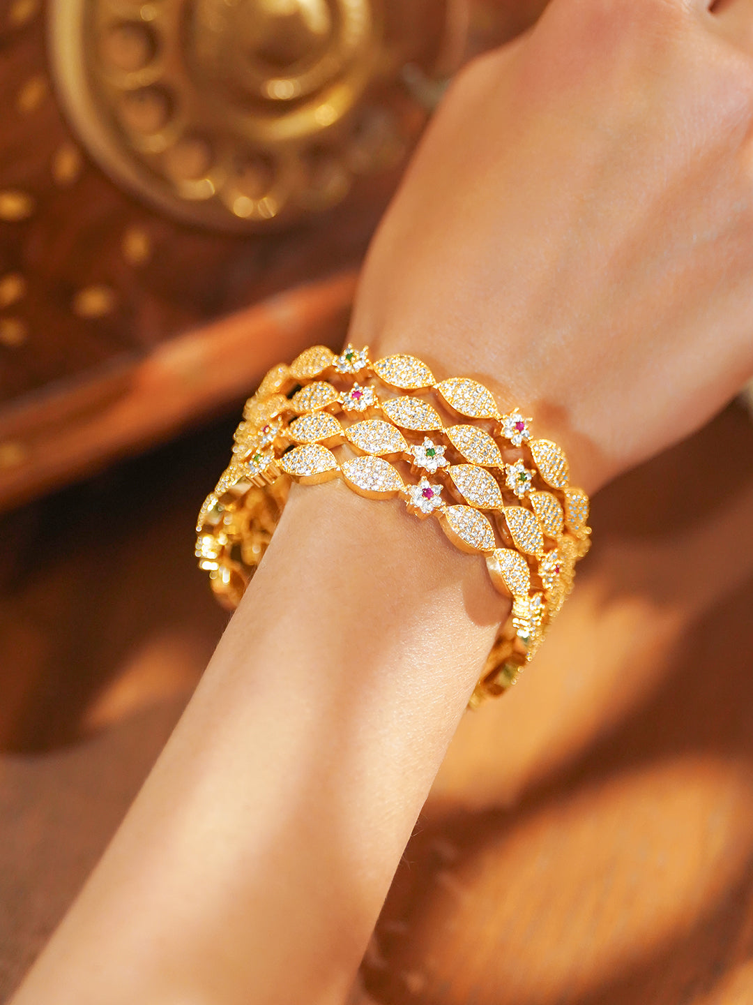 Rubans Set of 4 18K Gold-Plated Brass Multicolor Floral Cubic Zirconia Studded Bangles