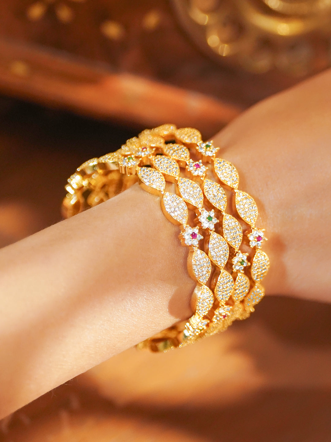 Rubans Set of 4 18K Gold-Plated Brass Multicolor Floral Cubic Zirconia Studded Bangles