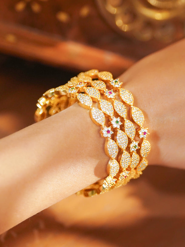 Rubans Set of 4 18K Gold-Plated Brass Multicolor Floral Cubic Zirconia Studded Bangles