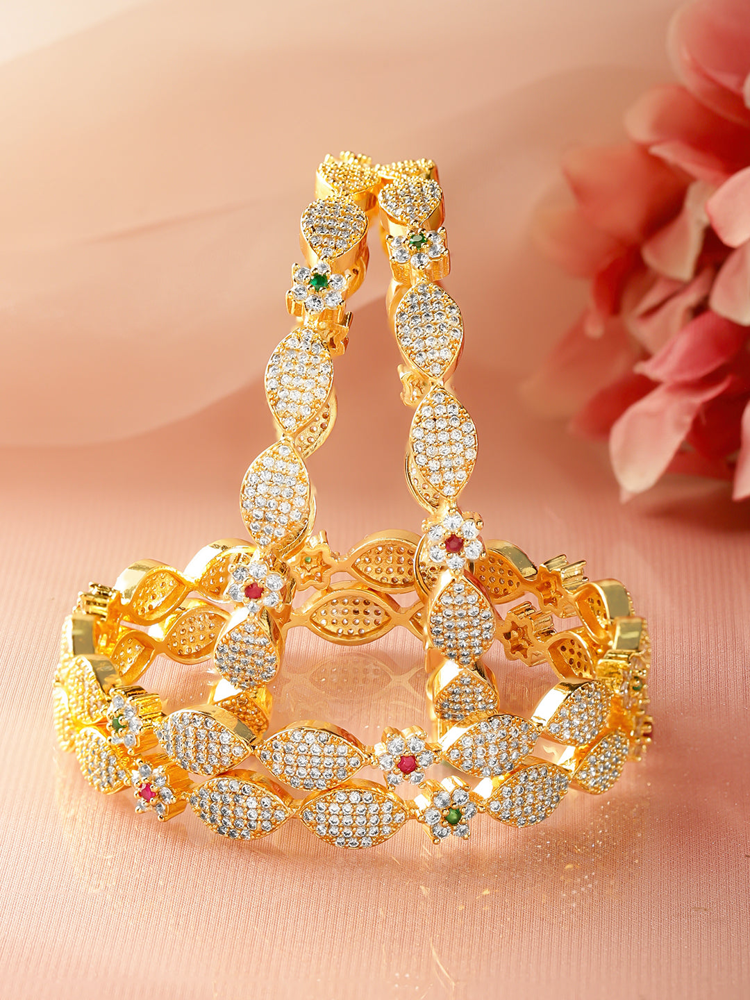 Rubans Set of 4 18K Gold-Plated Brass Multicolor Floral Cubic Zirconia Studded Bangles