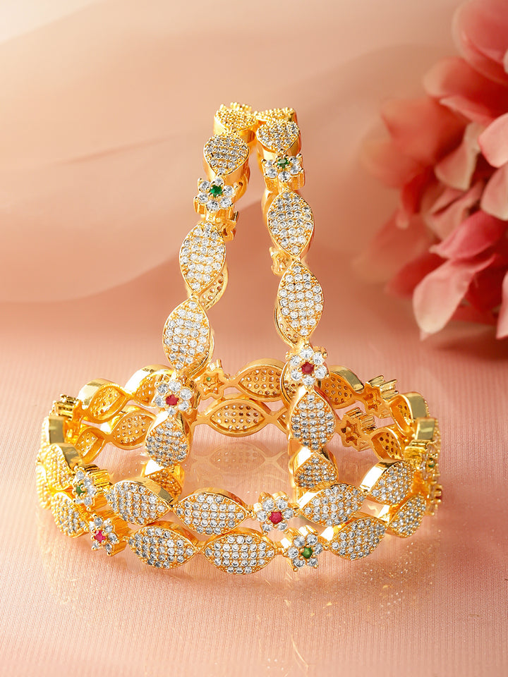 Rubans Set of 4 18K Gold-Plated Brass Multicolor Floral Cubic Zirconia Studded Bangles