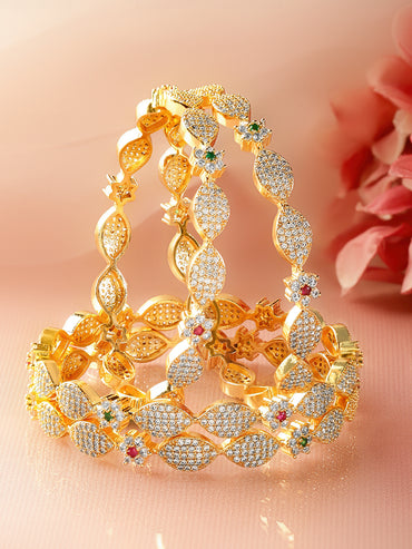 Rubans Set of 4 18K Gold-Plated Brass Multicolor Floral Cubic Zirconia Studded Bangles