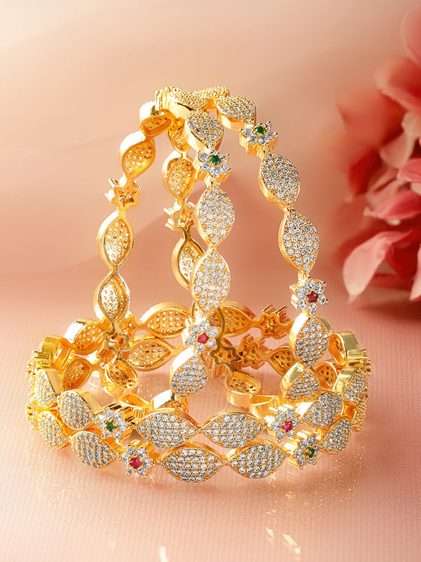Rubans Set of 4 18K Gold-Plated Brass Multicolor Floral Cubic Zirconia Studded Bangles