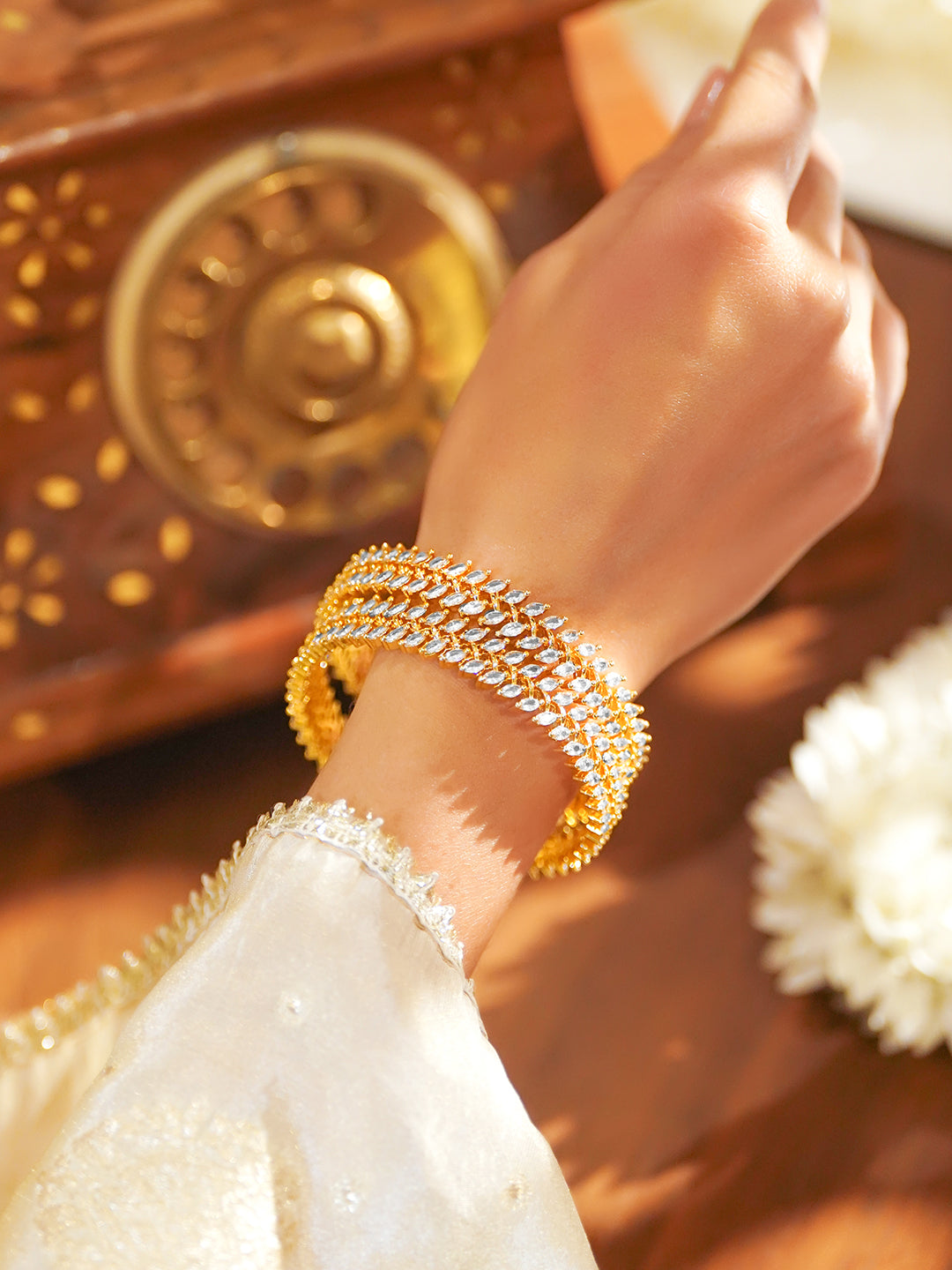 Rubans Set of 4 22K Gold-Plated Brass Bangles with Marquise-Cut Cubic Zirconia Stones