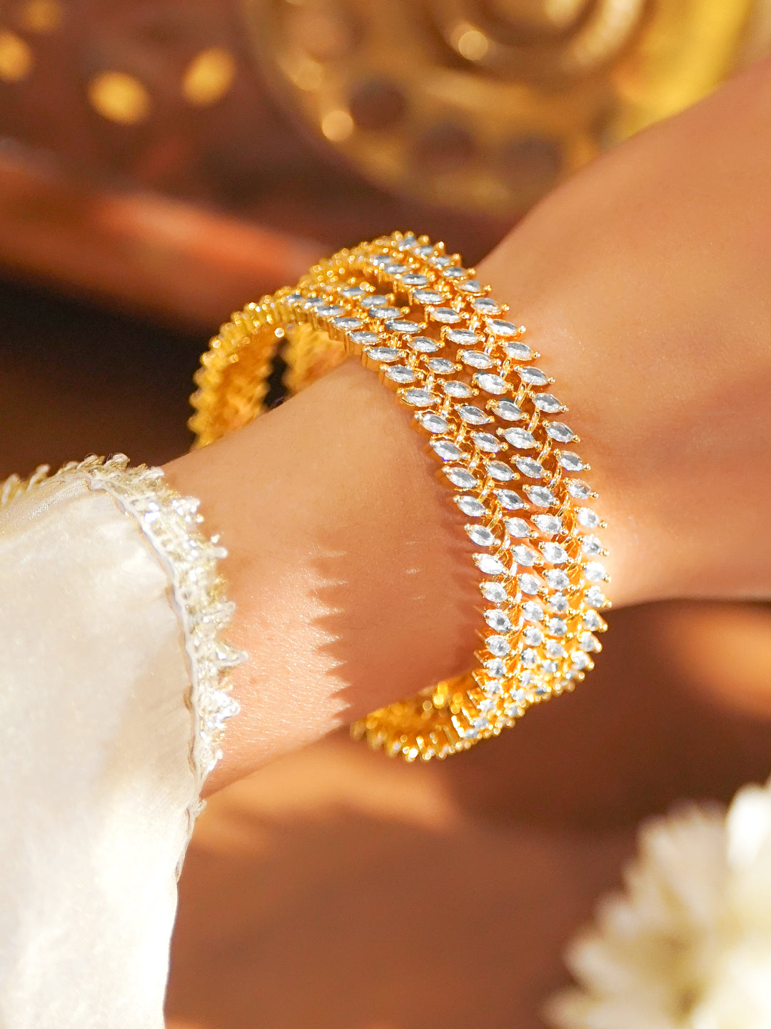 Rubans Set of 4 22K Gold-Plated Brass Bangles with Marquise-Cut Cubic Zirconia Stones