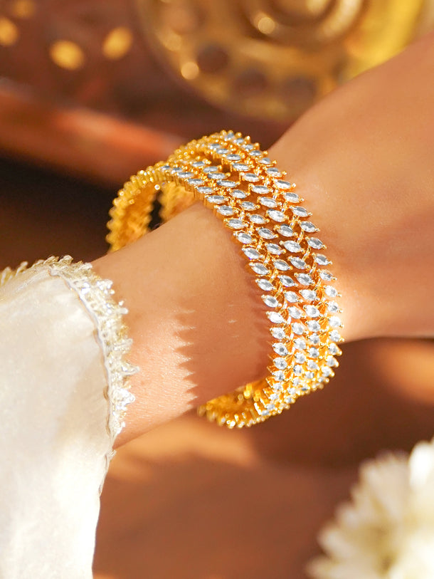 Rubans Set of 4 22K Gold-Plated Brass Bangles with Marquise-Cut Cubic Zirconia Stones