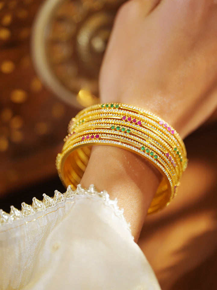 Rubans Set of 4 18K Gold-Plated Ruby Red & Green Stone Cubic Zirconia Embellished Bangles