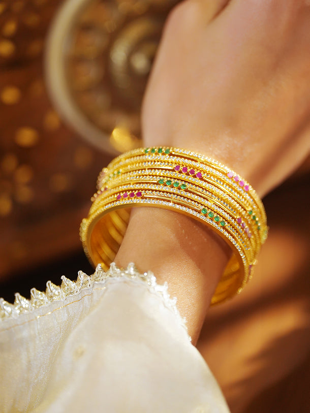 Rubans Set of 4 18K Gold-Plated Ruby Red & Green Stone Cubic Zirconia Embellished Bangles