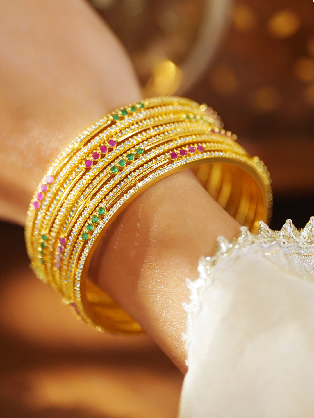 Rubans Set of 4 18K Gold-Plated Ruby Red & Green Stone Cubic Zirconia Embellished Bangles