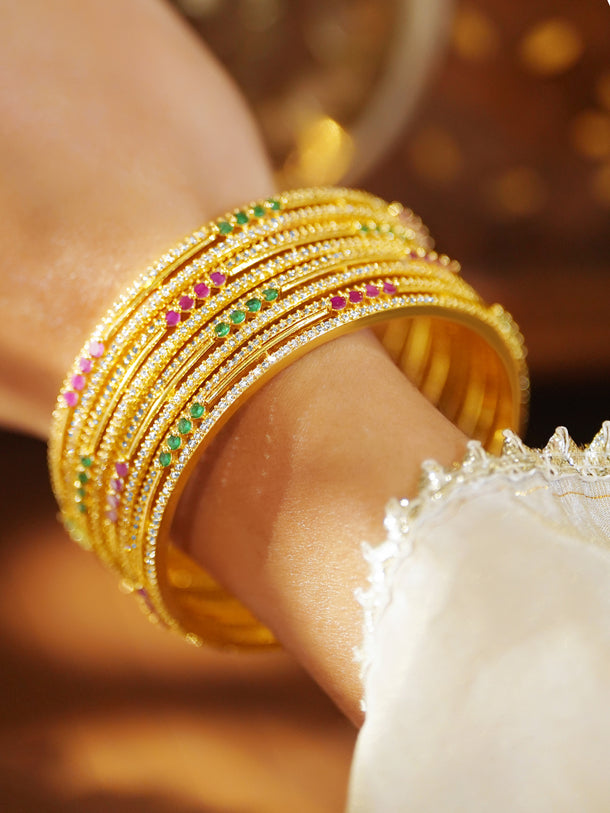 Rubans Set of 4 18K Gold-Plated Ruby Red & Green Stone Cubic Zirconia Embellished Bangles