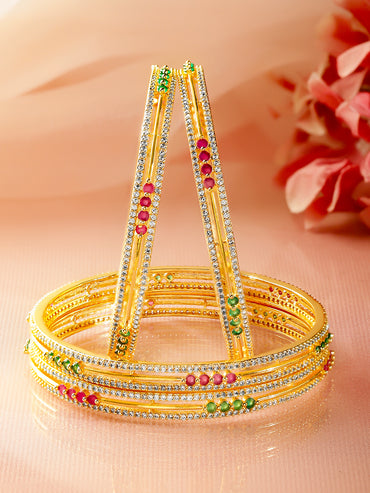 Rubans Set of 4 18K Gold-Plated Ruby Red & Green Stone Cubic Zirconia Embellished Bangles