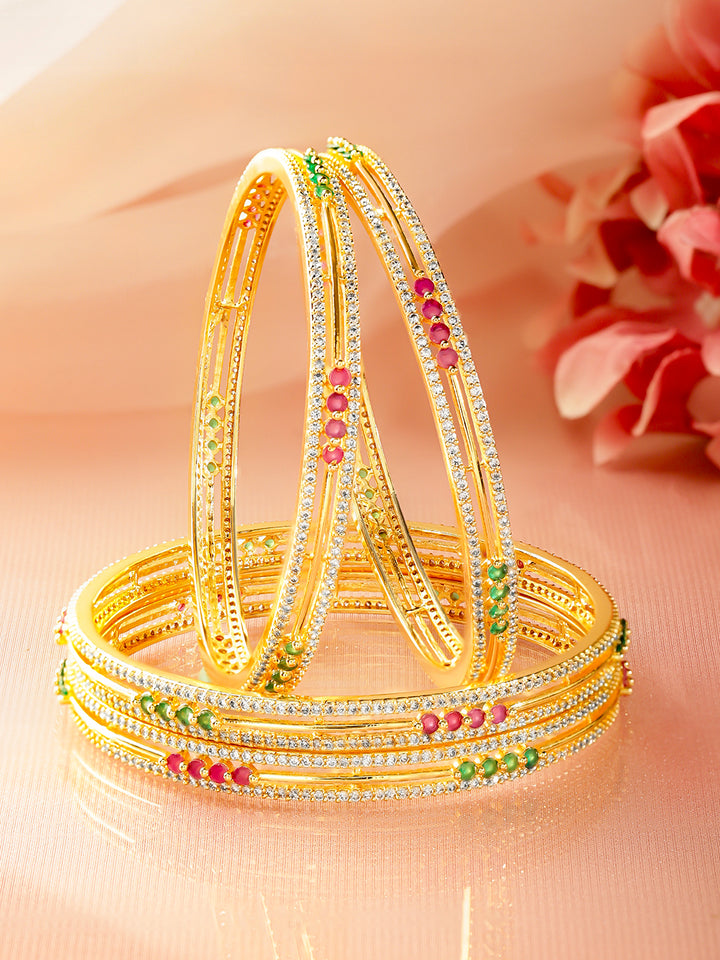 Rubans Set of 4 18K Gold-Plated Ruby Red & Green Stone Cubic Zirconia Embellished Bangles