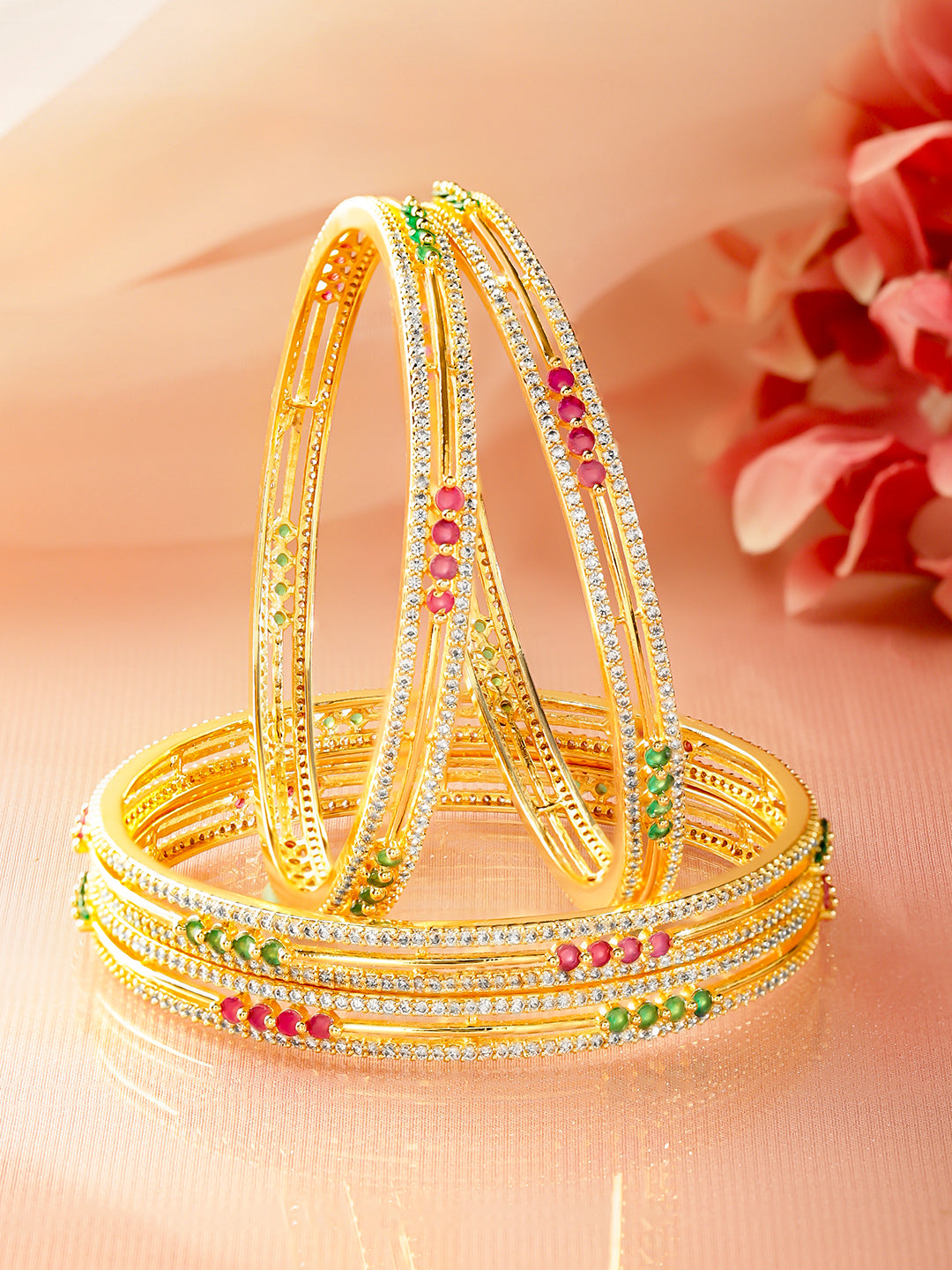 Rubans Set of 4 18K Gold-Plated Ruby Red & Green Stone Cubic Zirconia Embellished Bangles