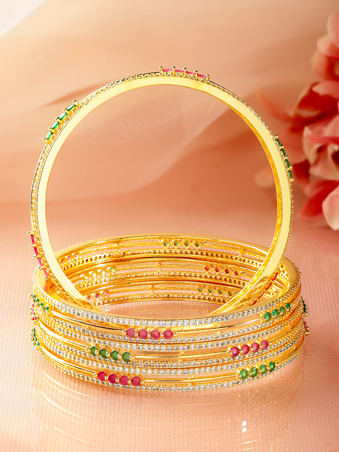 Rubans Set of 4 18K Gold-Plated Ruby Red & Green Stone Cubic Zirconia Embellished Bangles