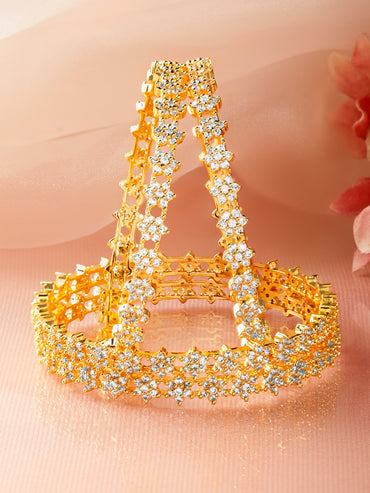 Floral American Diamond Zirconia Golden Bangles Set Of 4