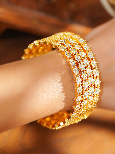 Floral American Diamond Zirconia Golden Bangles Set Of 4