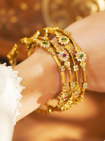 Set Of 4 Multicolor Studded Gold Bangles