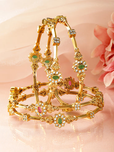 Set Of 4 Multicolor Studded Gold Bangles