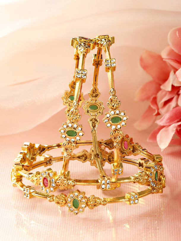 Set Of 4 Multicolor Studded Gold Bangles