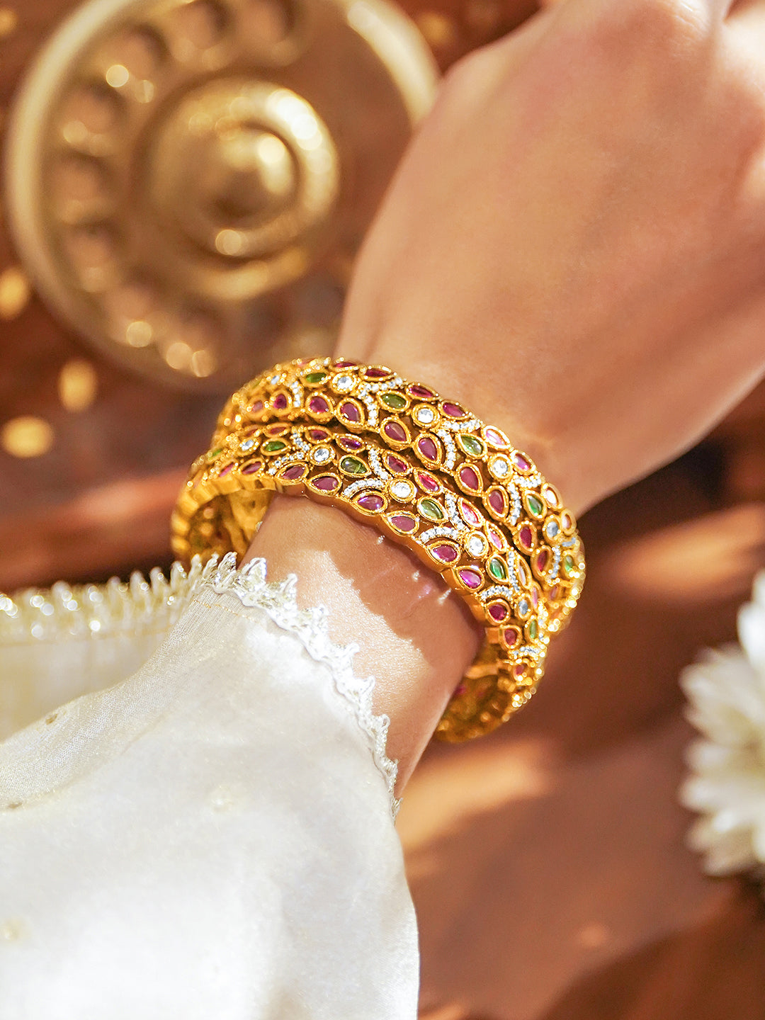 Rubans Set of 2 22K Gold-Plated Ruby Pink,Green & White Cubic Zirconia Leaf-Design Bangles