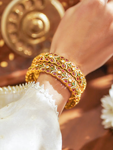 Rubans Set of 2 22K Gold-Plated Ruby Pink,Green & White Cubic Zirconia Leaf-Design Bangles