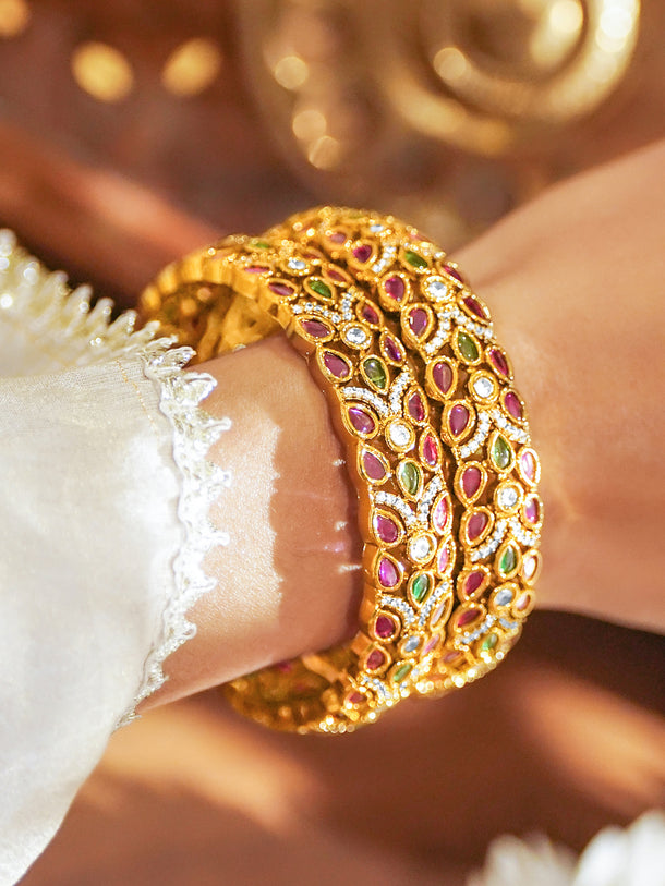 Rubans Set of 2 22K Gold-Plated Ruby Pink,Green & White Cubic Zirconia Leaf-Design Bangles