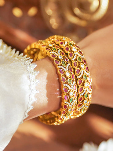 Rubans Set of 2 22K Gold-Plated Ruby Pink,Green & White Cubic Zirconia Leaf-Design Bangles