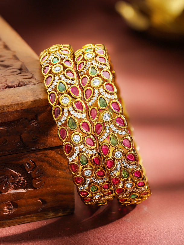 Rubans Set of 2 22K Gold-Plated Ruby Pink,Green & White Cubic Zirconia Leaf-Design Bangles
