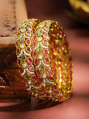Rubans Set of 2 22K Gold-Plated Ruby Pink,Green & White Cubic Zirconia Leaf-Design Bangles