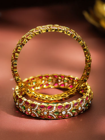 Rubans Set of 2 22K Gold-Plated Ruby Pink,Green & White Cubic Zirconia Leaf-Design Bangles