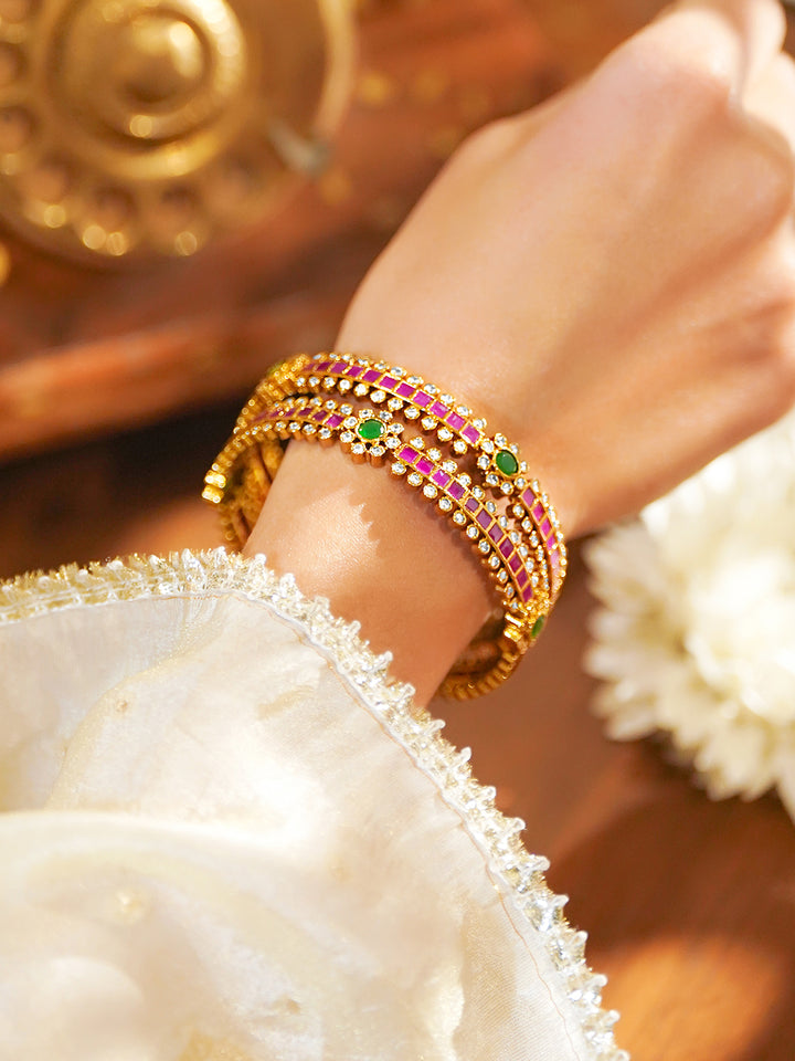 Rubans Set of 2 22K Gold-Plated Brass Ruby , Green & White Cubic Zirconia Floral Bangles